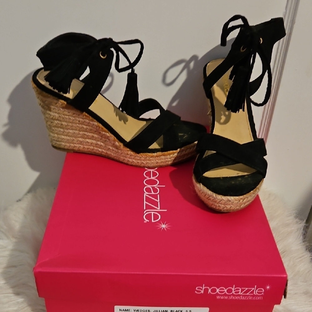 Shoe Dazzle Black Wedge Espadrilles Size 5.5